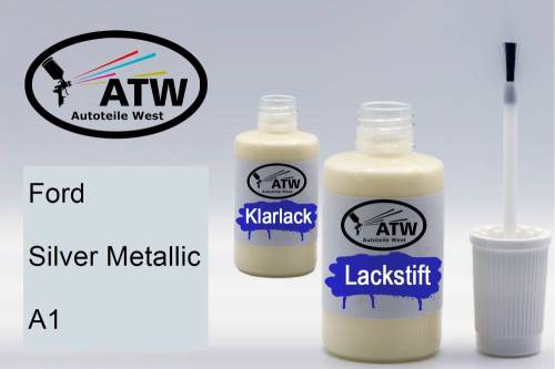 Ford, Silver Metallic, A1: 20ml Lackstift + 20ml Klarlack - Set, von ATW Autoteile West.